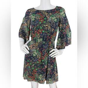Alice + Olivia Multicolor Floral Silk Dress  Bell Sleeves Elastic Waist Size XS